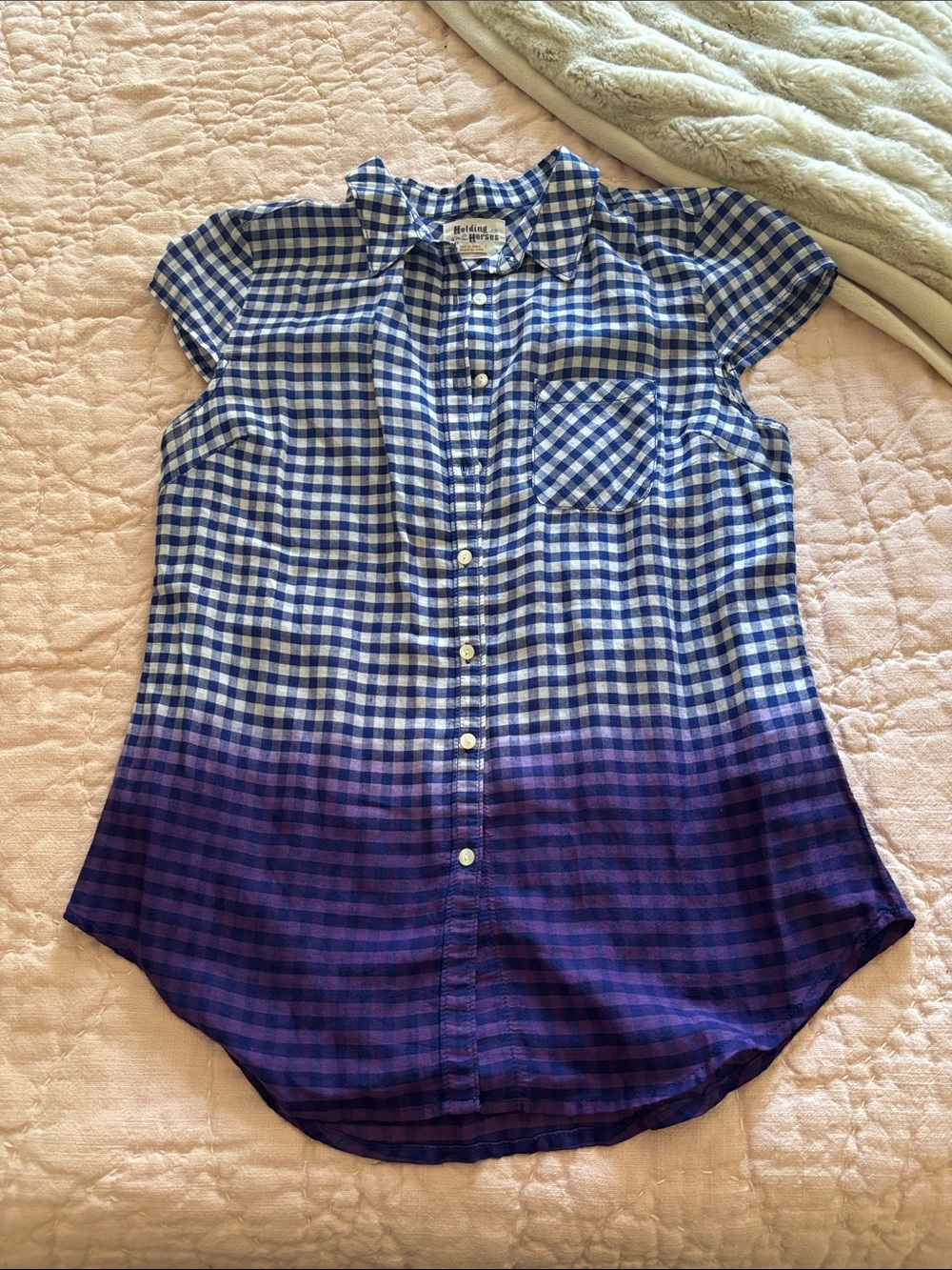 Blue & Purple Ombre Gingham Girls' Short Sleeve Button-Up Shirt